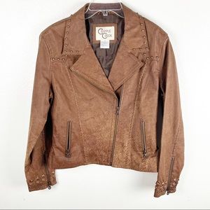 CRIPPLE CREEK Brown 100% Genuine Leather Studded Zipper Pockets Moto Jacket